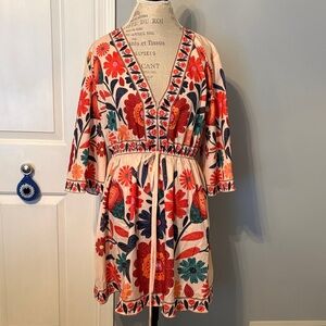 SHEIN Cream Mini Dress with Red, Navy and Teal Floral Embroidery